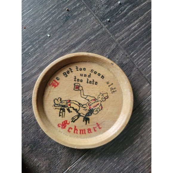 4pc wooden beer drink bar coasters funny jokes graphics 3.5 in Japan vtg 1950s - Picture 2 of 8